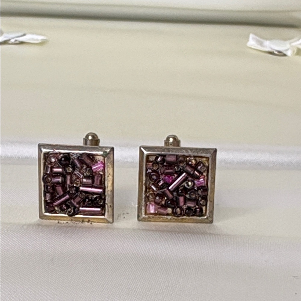 Upcycled Square Purple Beaded Cufflinks in A Gold Tone Setting - Picture 2 of 5